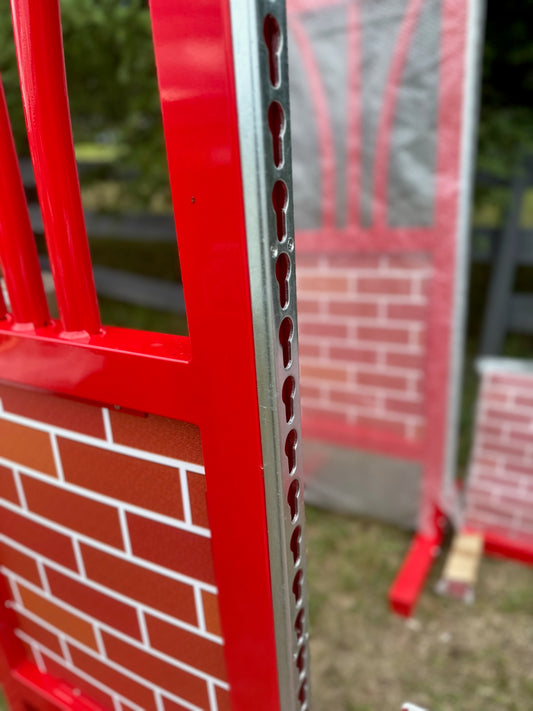 Durable aluminum keyhole tracks designed for use with jump cups and safety release adapters for easily adjustable equestrian jumps.